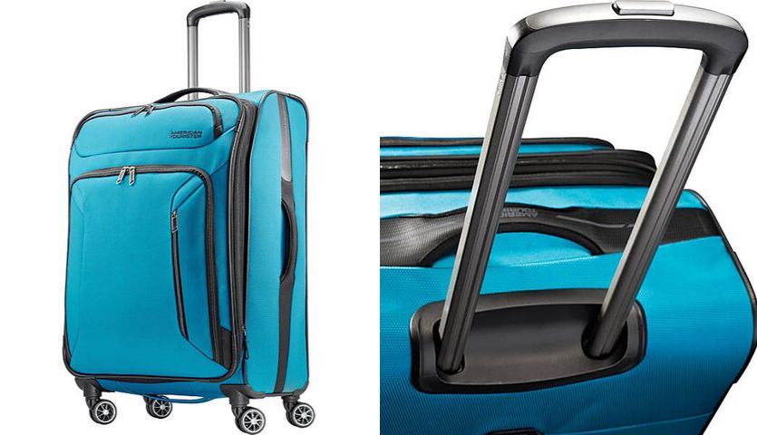 teal blue american tourister suitcase, close up of handle 