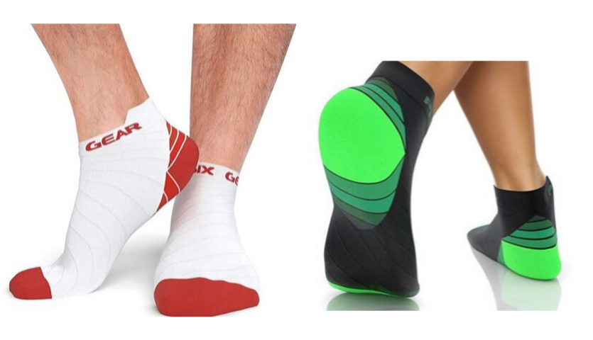 White and red ankle compression socks by physix, green and black ankle compression socks