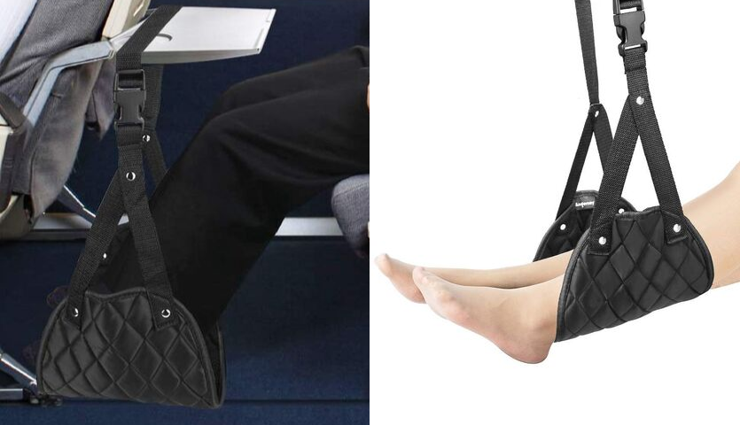 man with feet resting on foot hammock on airplane, woman with feet in foot hammock by angemay