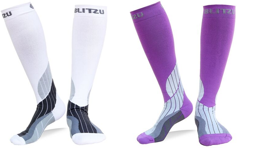 white with black and grey compression socks, pink compression socks