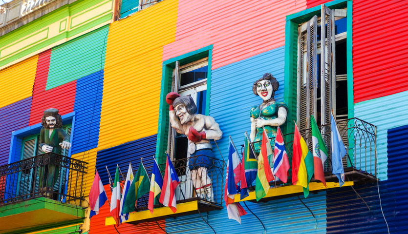 colorful buildings and statues in la boca neighborhood of Buenos Aires Argentina