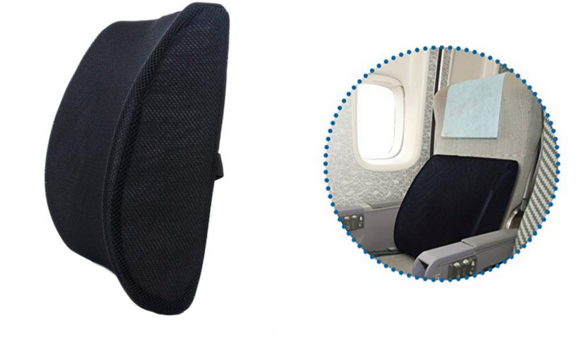 Black Milliard lumbar support pillow, airplane seat with lumbar pillow