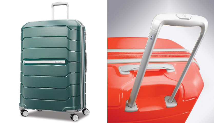 Green Samsonite hardback checked suitcase, close up of handle of red samsonite suitcase