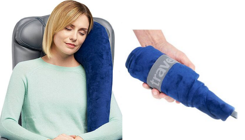 woman with blue travelrest pillow, hand holding folded up blue travelrest pillow