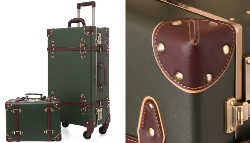 green and brown trolley suitcase