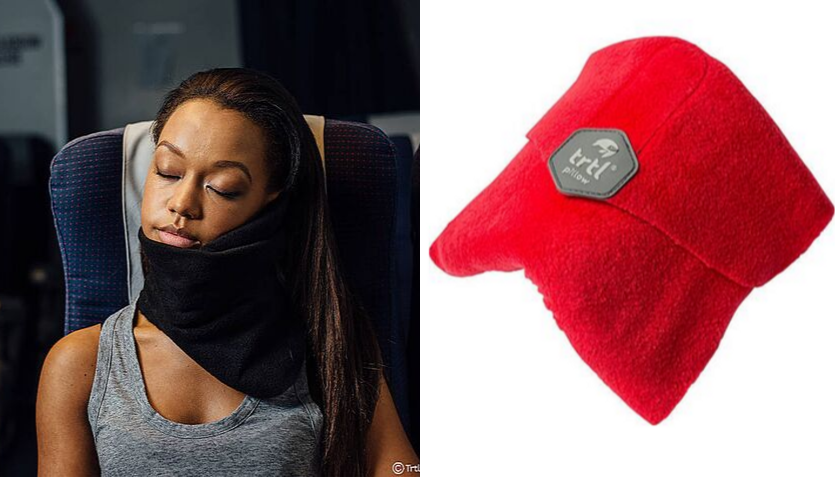 woman with neck pillow on airplane, red folded up travel pillow by trtl