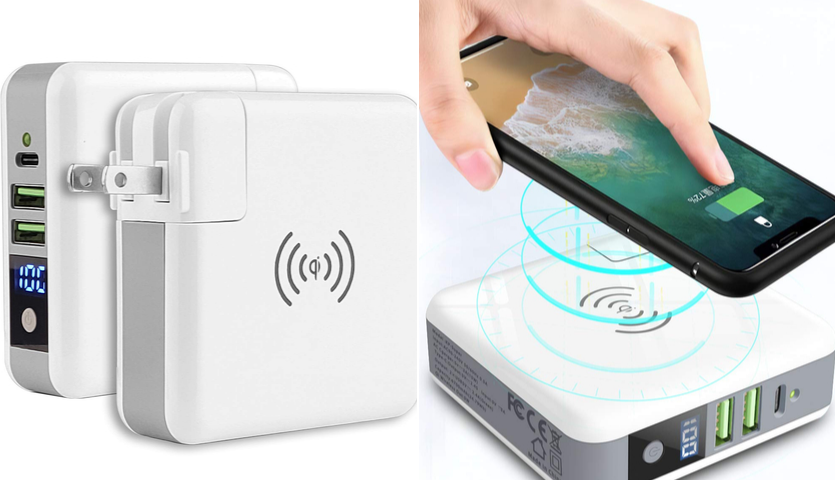 white wireless Innens charger, a hand holding a phone, putting it onto the charger