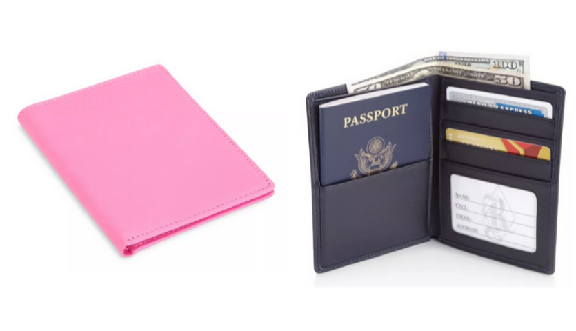 pink ROYCE passport holder, closed, black ROYCE passport holder, open with passport and money inside
