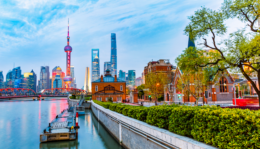 The bund in Shanghai China with skyline in background