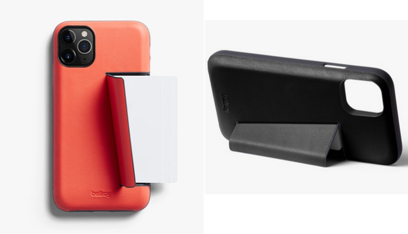 Bellroy iphone 11 case in coral, with rear slot open and a credit card sticking out, black bellroy case, standing up