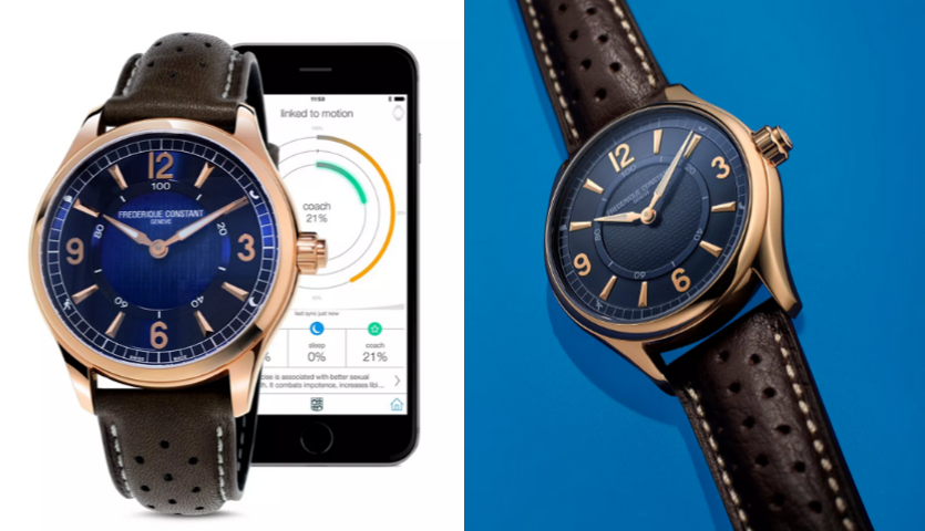 frederique smartwatch with smartphone behind it, watch with blue background