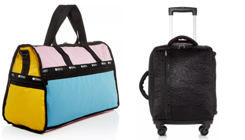multi colored lesportsac duffle, black lesportsac carry-on suitcase