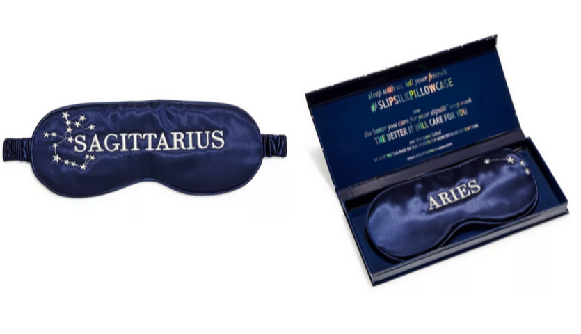 Blue silk eye mask with Sagittarius embroidered on it, blue silk aries eye mask in box by slip