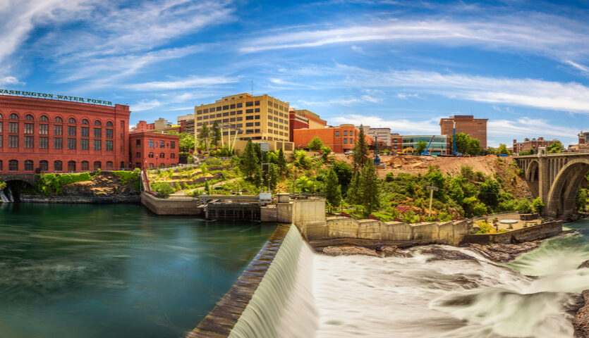 Spokane river and city view of Spokane, Washington