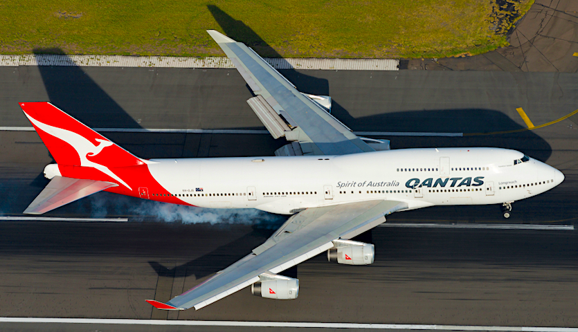 Aerial view of Qantas 747 during takeoff