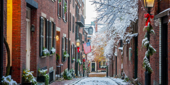 Acorn street historic architecture in Boston, Massachusetts during winter Christmas season
