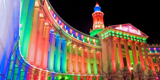 holiday lighting on Denver City and County building Colorado