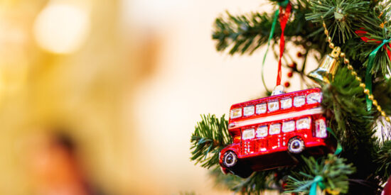 double decker bus christmas decoration on christmas tree