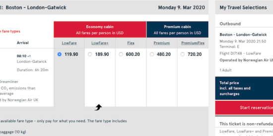 cheap flight from Boston to London for $120 USD one-way on Norwegian Air