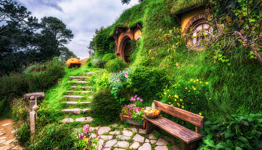 bilbo baggins home in hobbit garden on the hobbiton movie set in New Zealand