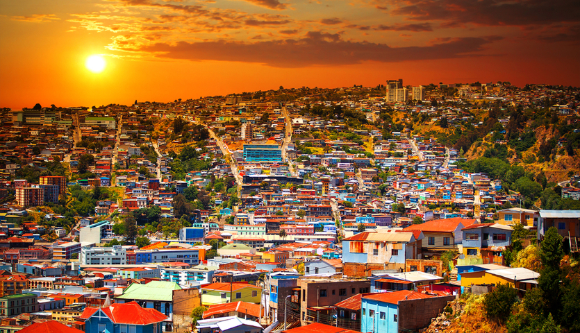 colorful buildings of Valparaiso, Chile at sunset
