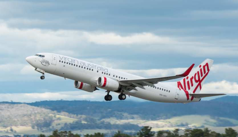 Virgin Australia airplane taking off from Tazmania